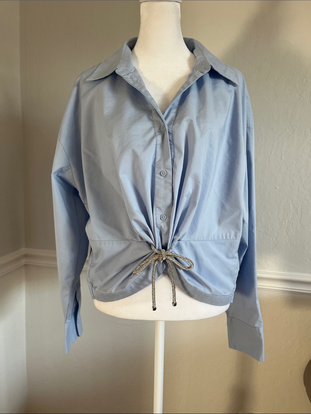 Express Light Blue Button-Up Shirt with jeweled bow detail